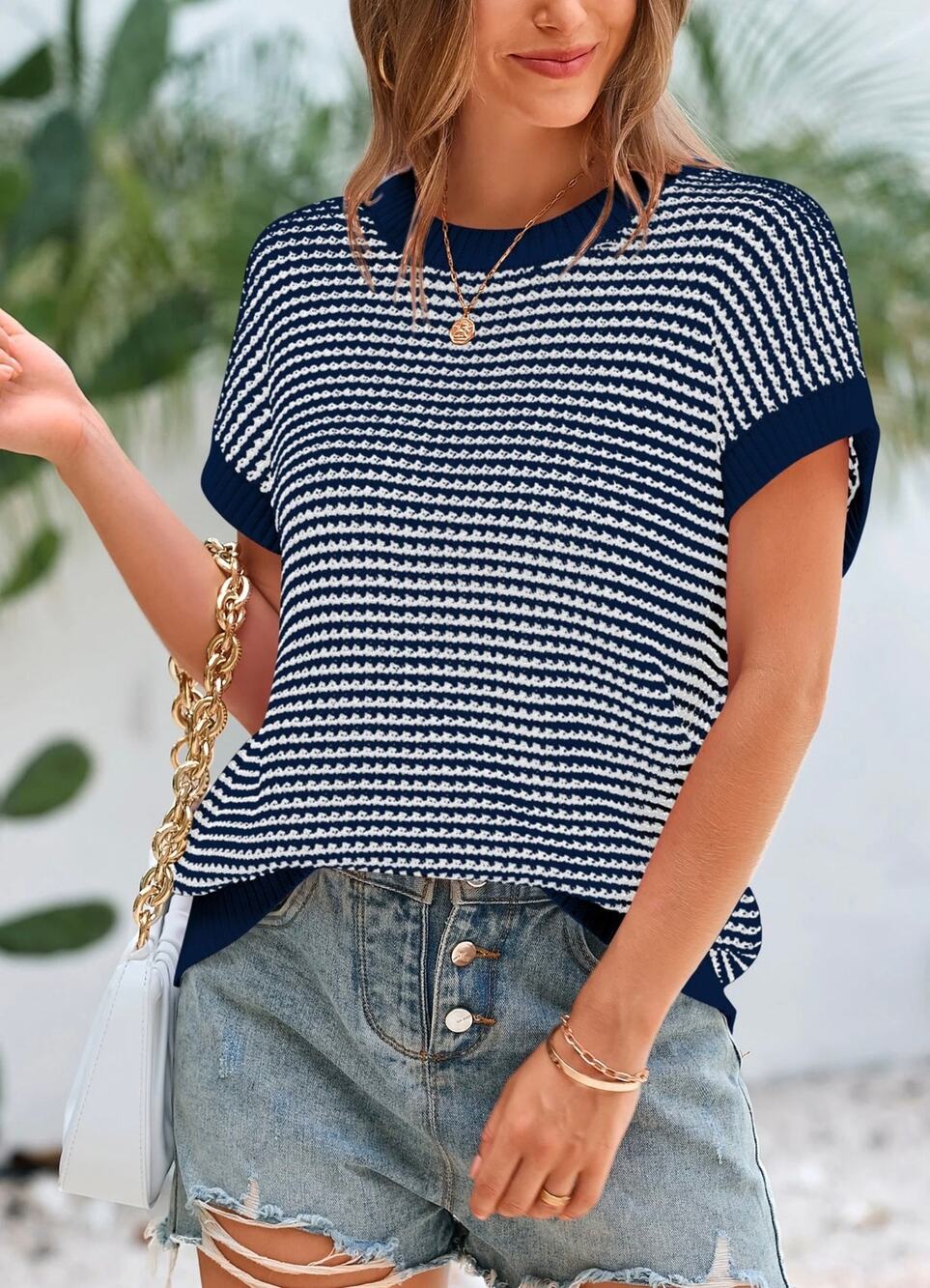 NWT PrettyGarden Short Sleeve Blue & White Striped Sweater Size Large